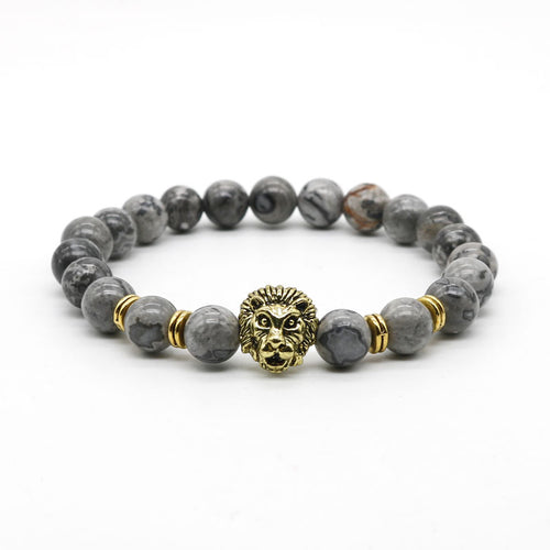 Antique Gold and Silver Plated Leo Lion Head Bracelet Men Black Lava Stone Beads Charm Bracelets Jewelry Masculino Plusera M4-3