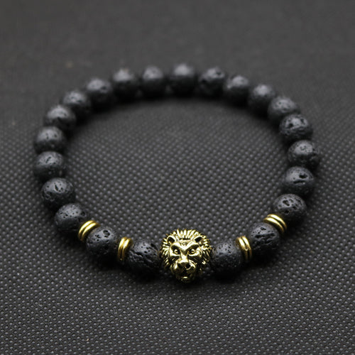 Wholesale Antique Gold Plated Buddha Leo Lion Head Bracelet Black Lava Stone Beaded Bracelets For Men Women Pulseras Hombre N4-3