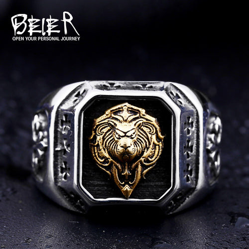 Beier new store 316L Stainless Steel ring top quality Gold Lion Head Rings fashion Jewelry BR8-389