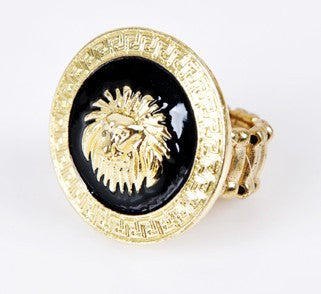11.11 Rihanna Round Lion Head Medallion Gold Tone Statement Stretch Ring Celebrity Style