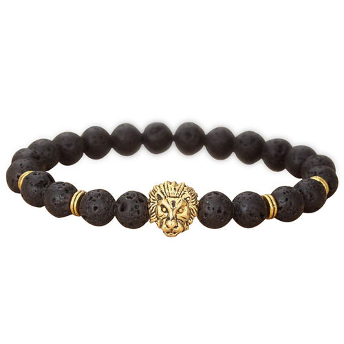 Wholesale Gold Plated Buddha Leo Lion Head Bracelet Black Lava Stone Bead Bracelets Men Women Jewelry Rope Chain Strand Bracelet