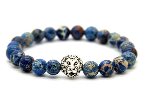 Ailatu Retail New Design Men's Silver Color Lion Head Bracelets Made with 8mm Blue Sea Sediment Stone Beads for Men's Gift