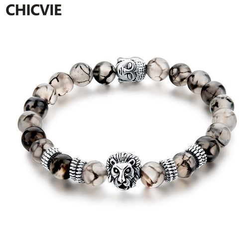 Classic Veins Agate Stone Bracelets & Bangles For Women Silver plated Lion Buddha Strand Bracelet Men Jewelry 2017 SBR160144