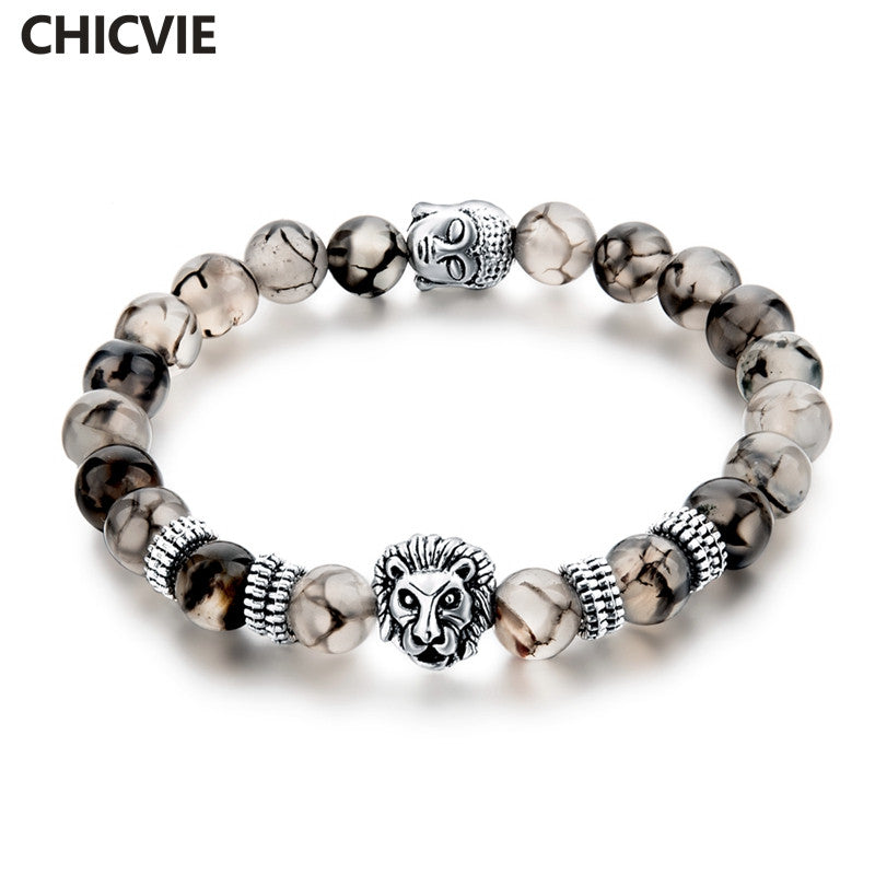 Classic Veins Agate Stone Bracelets & Bangles For Women Silver plated Lion Buddha Strand Bracelet Men Jewelry 2017 SBR160144