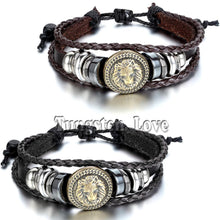 2015 Europe Punk Hand Made Braided Charm Bracelet Bangles Gold Lion Head Wristband Cuff Leather Bracelet For Men Adjustable