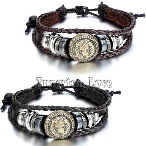 2015 Europe Punk Hand Made Braided Charm Bracelet Bangles Gold Lion Head Wristband Cuff Leather Bracelet For Men Adjustable
