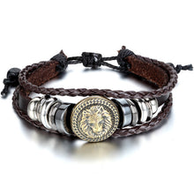 2015 Europe Punk Hand Made Braided Charm Bracelet Bangles Gold Lion Head Wristband Cuff Leather Bracelet For Men Adjustable