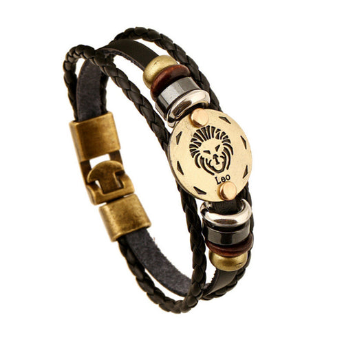 12 Style! Hot Sales Constellation Bracelet Lion Head Bracelet Black Leather Beaded Bracelets For Men Women Pulseras Hombre