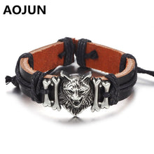 AOJUN 2017 New Men's Lion Tiger Head Bracelets & Bangles Genuine Leather Bracelet for Men Charm Jewelry Male Accessories SL972
