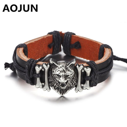 AOJUN 2017 New Men's Lion Tiger Head Bracelets & Bangles Genuine Leather Bracelet for Men Charm Jewelry Male Accessories SL972