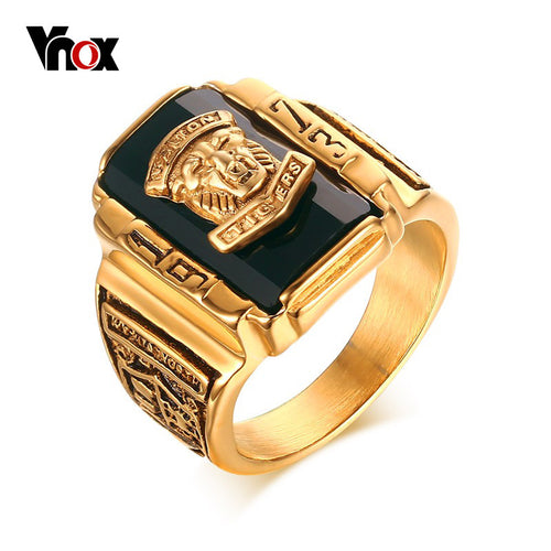 Vnox Men's Rock Punk Ring Gold-color Large Black CZ Stone Ring Men Jewelry Cool Lion Head School Party Rings