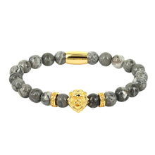 1PCS New Design Women and Men Beaded Bracelets Lion Head Charm with CZ Spacer Grey Imperial Jasper Stone Beads Bracelets Gift