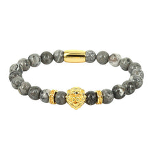 1PCS New Design Women and Men Beaded Bracelets Lion Head Charm with CZ Spacer Grey Imperial Jasper Stone Beads Bracelets Gift