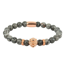 1PCS New Design Women and Men Beaded Bracelets Lion Head Charm with CZ Spacer Grey Imperial Jasper Stone Beads Bracelets Gift