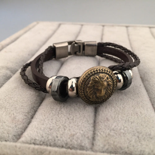 Punk Hip Hop Style Lion Head Lion King Charm Pendant Bracelet Bangles Leather Rope Chain Men's Bracelet Jelwelry Gift