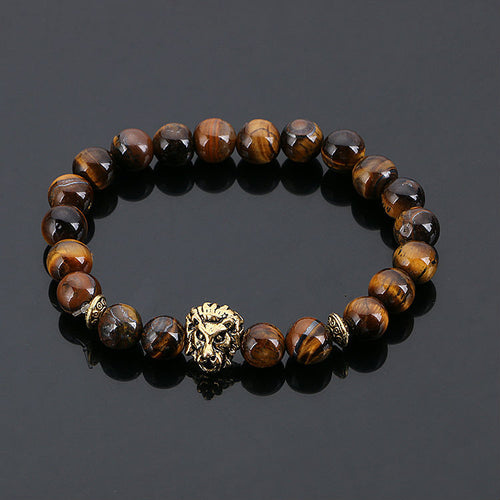 Fashion Jewelry Gold Plated Buddha Leo Lion Head Bracelet Black Lava Stone Beaded Bracelets Pulseras Hombre For Men Women